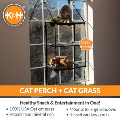 Show full view: K&H Pet Products EZ Mount Kitty Sill with Cat Grass Grow Station Quad Stack Cat Window Perch, Gray slide 3 of 12