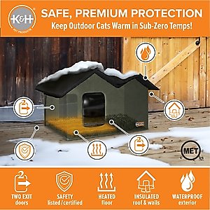 K&H Pet Products Outdoor Heated Kitty House Extra-Wide Cat Shelter, Olive/Black