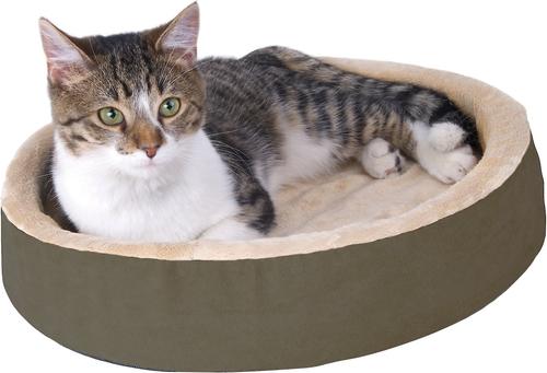 Show full view: K&H Pet Products Thermo-Kitty Cuddle Up Indoor Heated Bolster Cat Bed, Mocha slide 1 of 12