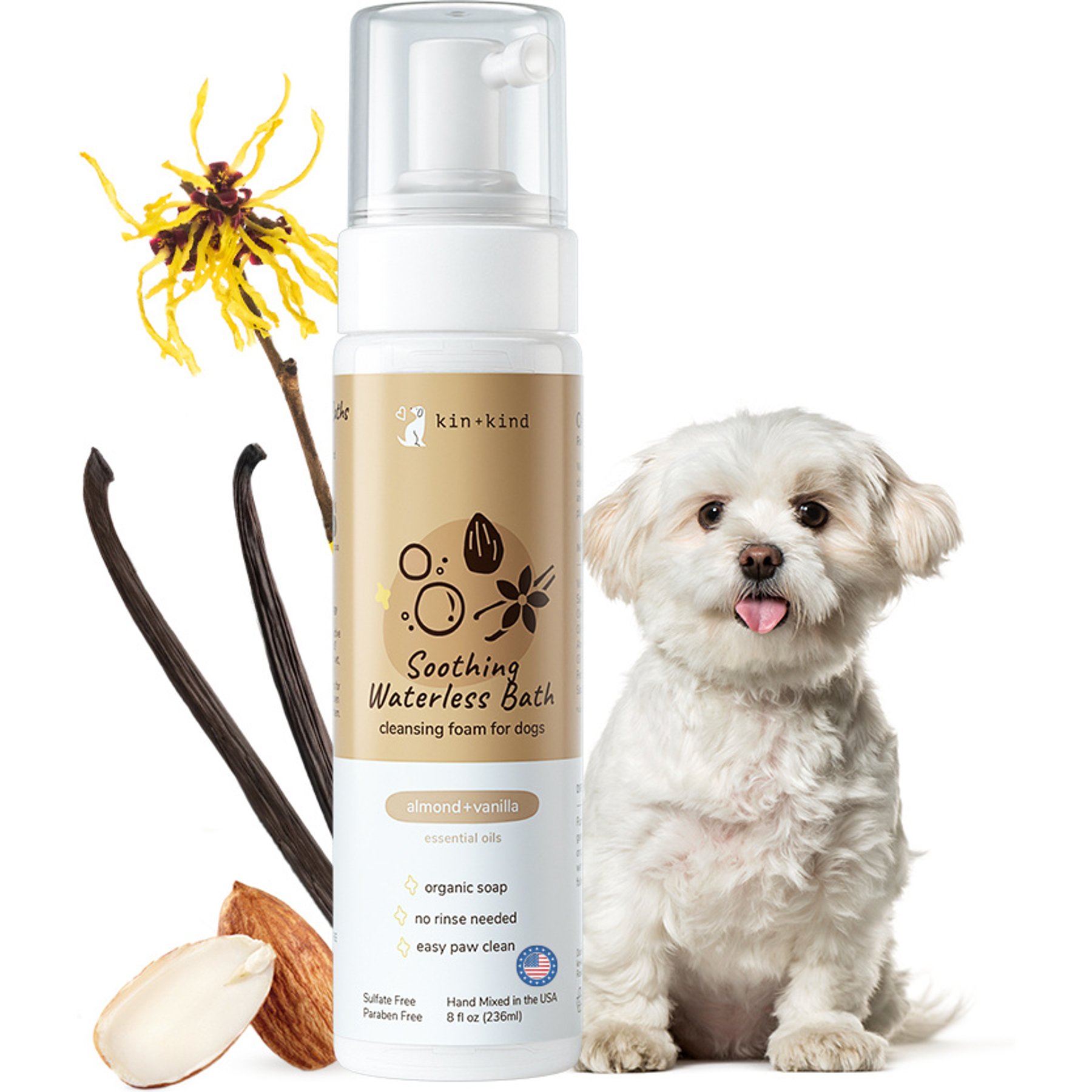 kin+kind Soothing Waterless Bath Almond+Vanilla for Dogs, 8-fl oz bottle