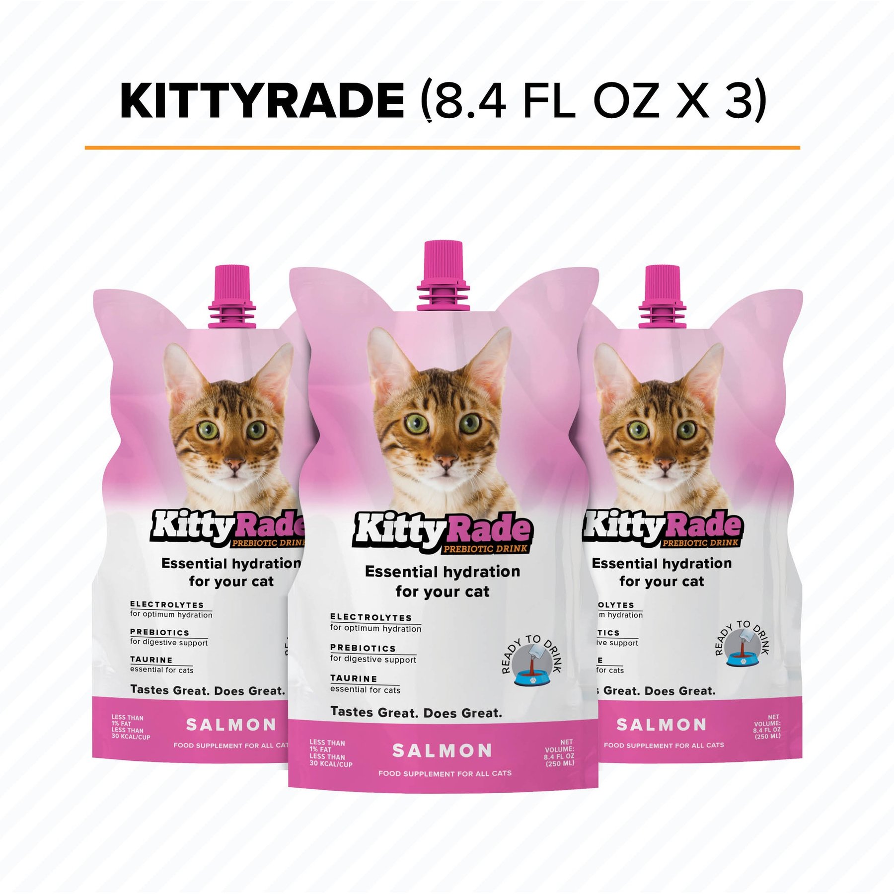 KittyRade Prebiotic Drink Salmon Flavored Liquid Digestive Supplement for Cats, 250-mL pouch, case of 3