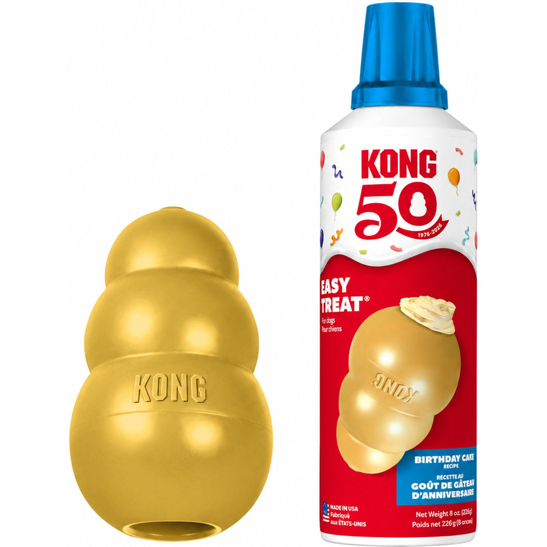 KONG 50th Anniversary Birthday Recipe Easy Treat & Dog Toy Set, Gold, Small