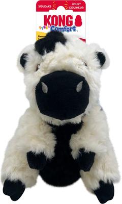 Show full view: KONG Comfort Tykes Cow Tough Squeaky Dog Plush Toy, Black/White, Small slide 4 of 7