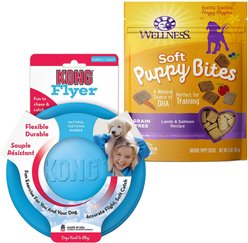 KONG Puppy Flyer Dog Toy, Color Varies + Wellness Soft Puppy Bites Lamb & Salmon Recipe Grain-Free Dog Treats, 3-oz pouch
