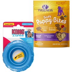 KONG Puppy Tires Dog Toy, Color Varies, Small + Wellness Soft Puppy Bites Lamb & Salmon Recipe Grain-Free Dog Treats, 3-oz pouch