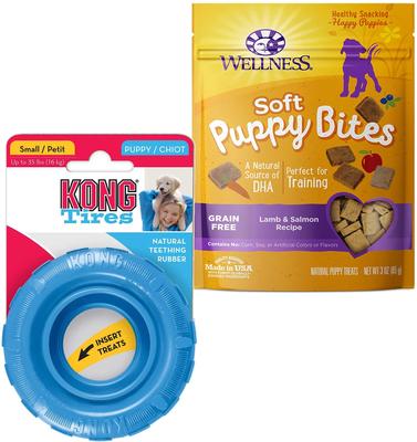 Show full view: KONG Puppy Tires Dog Toy, Color Varies, Small + Wellness Soft Puppy Bites Lamb & Salmon Recipe Grain-Free Dog Treats, 3-oz pouch slide 1 of 9