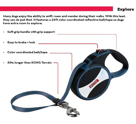 Show full view: KONG Retractable Explore Reflective Retractable Dog Leash, Blue, Large: 24-ft long, 0.6-in wide slide 5 of 7