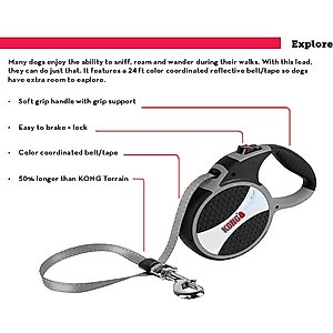 KONG Retractable Explore Reflective Retractable Dog Leash, Grey, Large: 24-ft long, 0.6-in wide