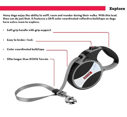 Show full view: KONG Retractable Explore Reflective Retractable Dog Leash, Grey, Large: 24-ft long, 0.6-in wide slide 3 of 5