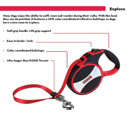 Show full view: KONG Retractable Explore Reflective Retractable Dog Leash, Red, Large: 24-ft long, 0.6-in wide slide 4 of 6
