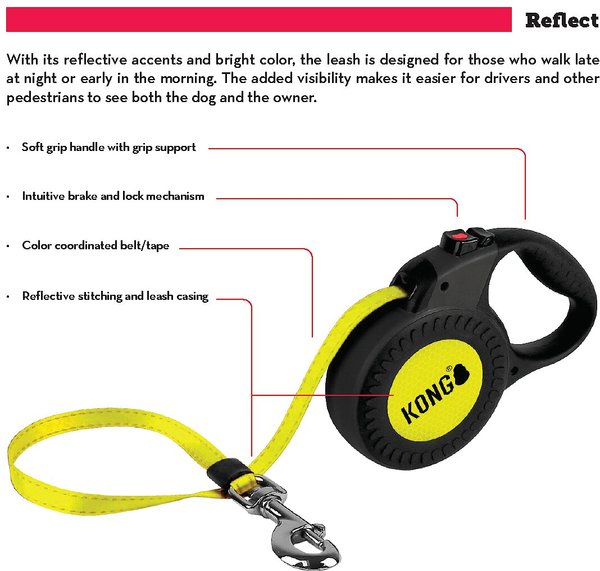 KONG Retractable Reflect Reflective Retractable Dog Leash, Black
