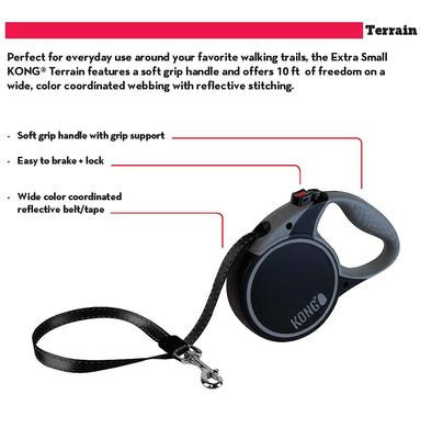 Show full view: KONG Retractable Terrain Nylon Reflective Retractable Dog Leash, Black, X-Small: 10-ft long, 3/8-in wide slide 5 of 7