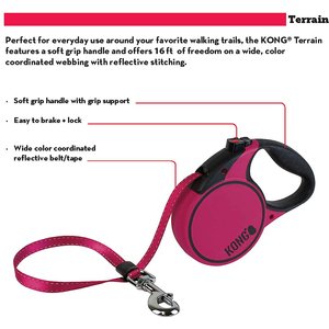 KONG Retractable Terrain Nylon Reflective Retractable Dog Leash, Fuchsia, Large: 16-ft long, 1/2-in wide