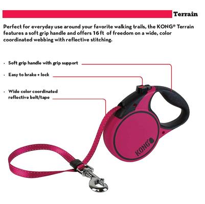 Show full view: KONG Retractable Terrain Nylon Reflective Retractable Dog Leash, Fuchsia, Small: 16-ft long, 3/8-in wide slide 4 of 6