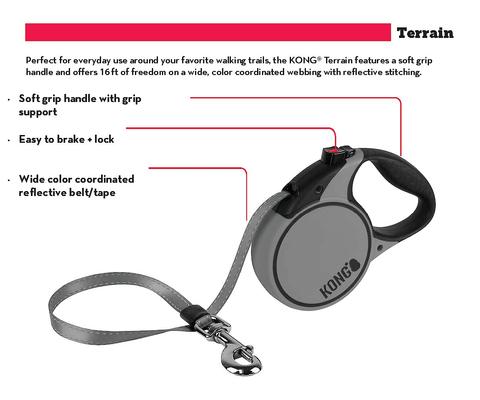 Show full view: KONG Retractable Terrain Nylon Reflective Retractable Dog Leash, Grey, Large: 16-ft long, 1/2-in wide slide 5 of 7