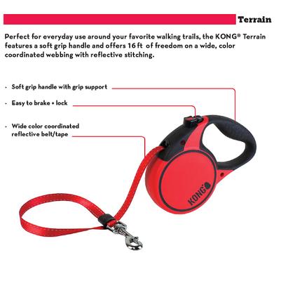 Show full view: KONG Retractable Terrain Nylon Reflective Retractable Dog Leash, Red, Small: 16-ft long, 3/8-in wide slide 4 of 6