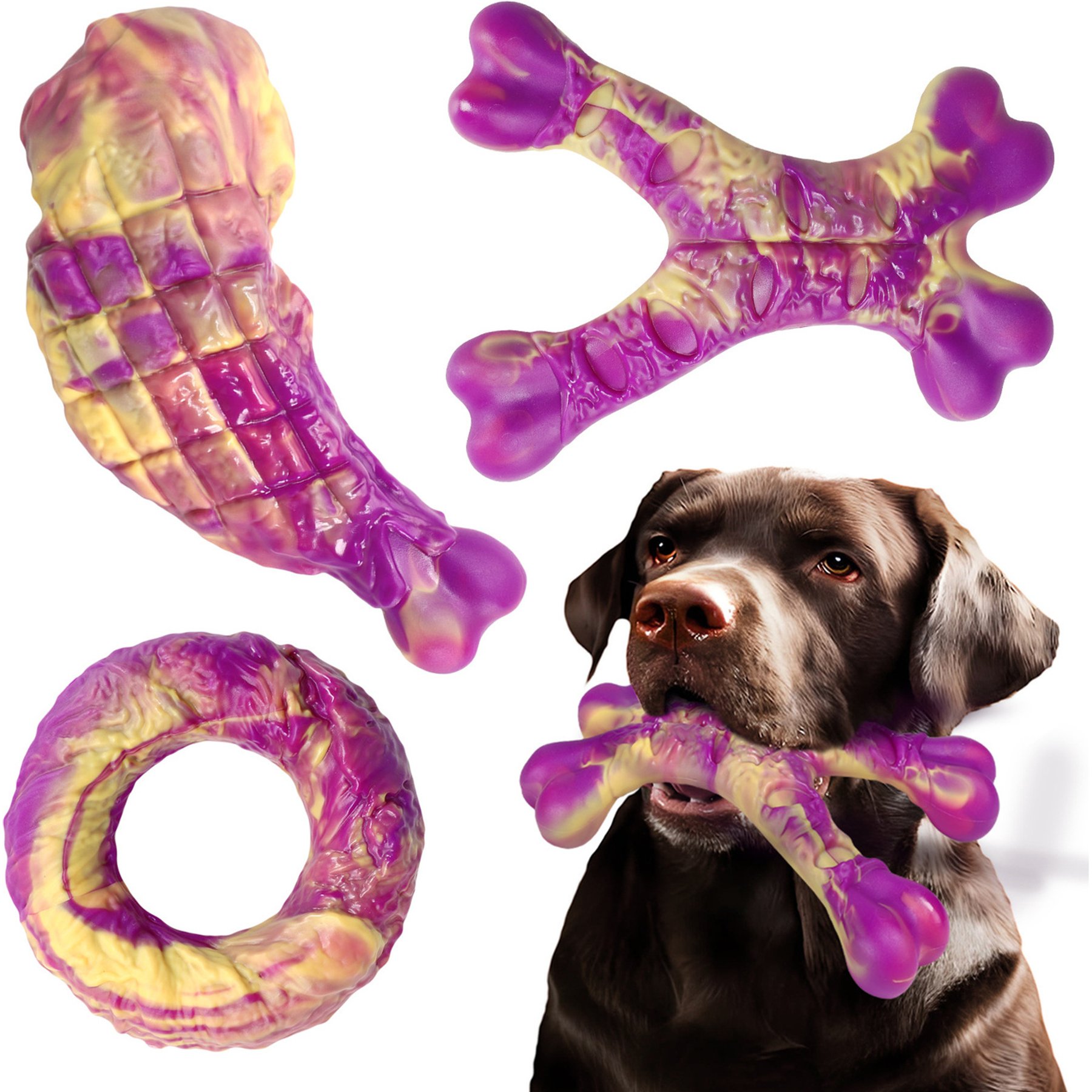 Kseroo Bone Set Beef-Flavored Tough Chew Dog Toys, Purple, 3 count