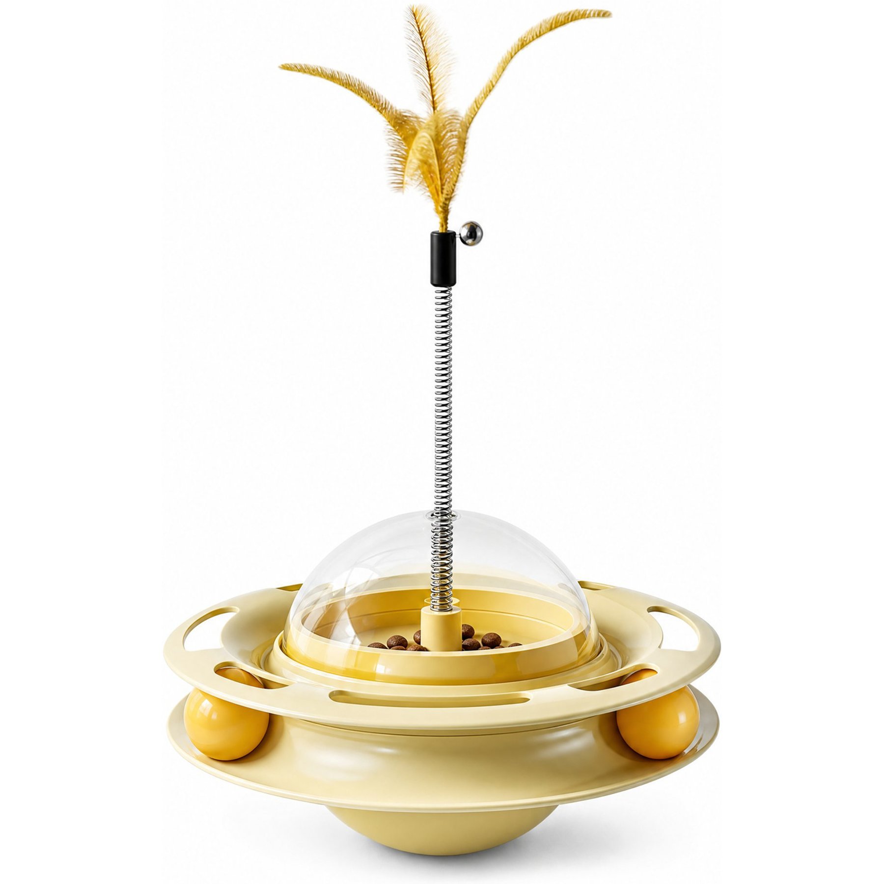 Kseroo Wobbling Planet Cat Toy with Feather & Treat Ball, Yellow