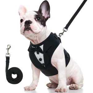 Kuoser Tuxedo Adjustable No Pull Wedding Suit with Bow Tie Party Costume Dog Leash & Harness, Black, Medium: 23-29 inches