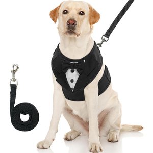 Kuoser Tuxedo Adjustable No Pull Wedding Suit with Bow Tie Party Costume Dog Leash & Harness, Black, X-Large: 29-34 inches