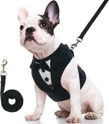Kuoser Tuxedo Adjustable No Pull Wedding Suit with Bow Tie Party Costume Dog Leash & Harness, Black, X-Small: 17-20 inches