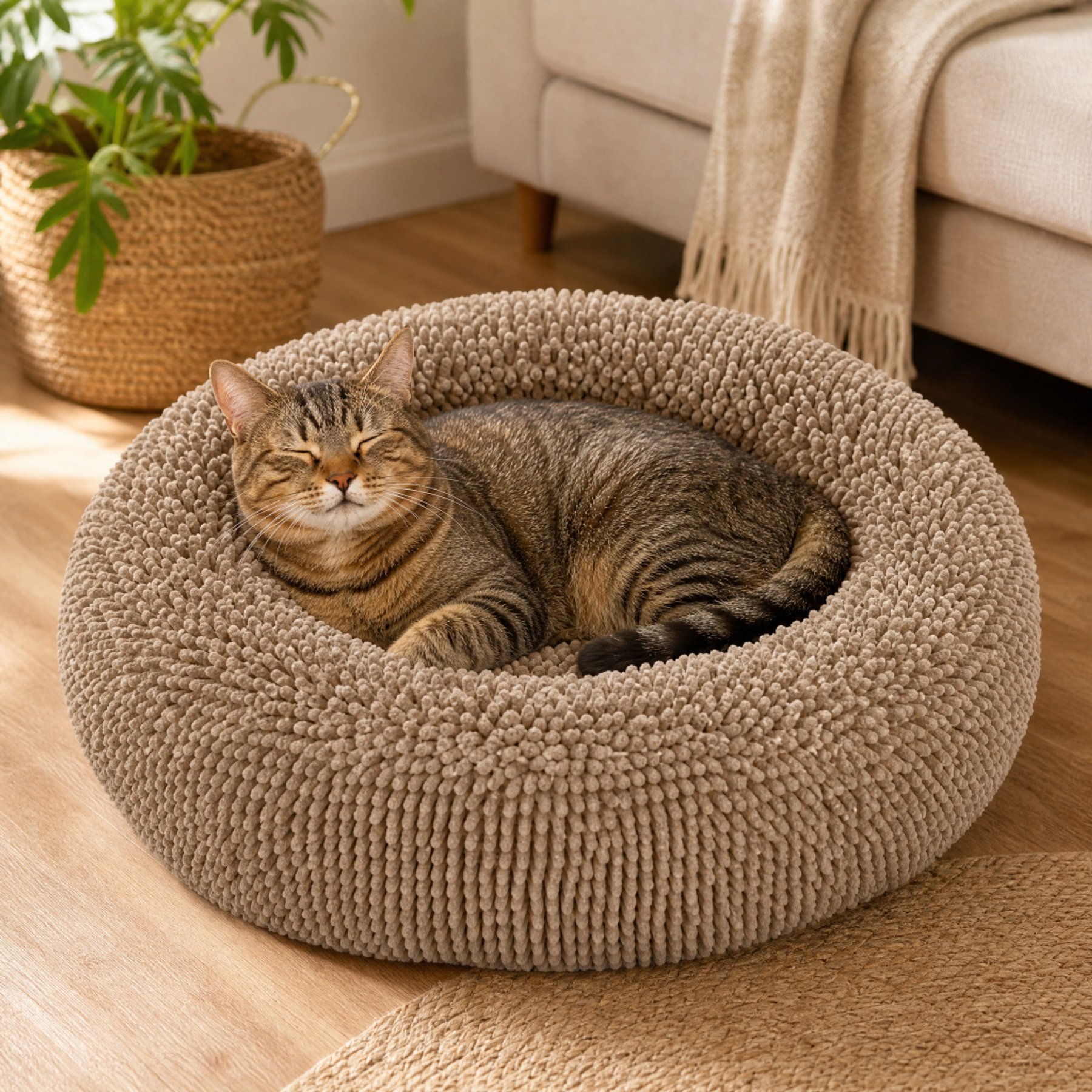 Kylinsure Calming Cuddler Chenille Donut Dog & Cat Bed, Beige, Small