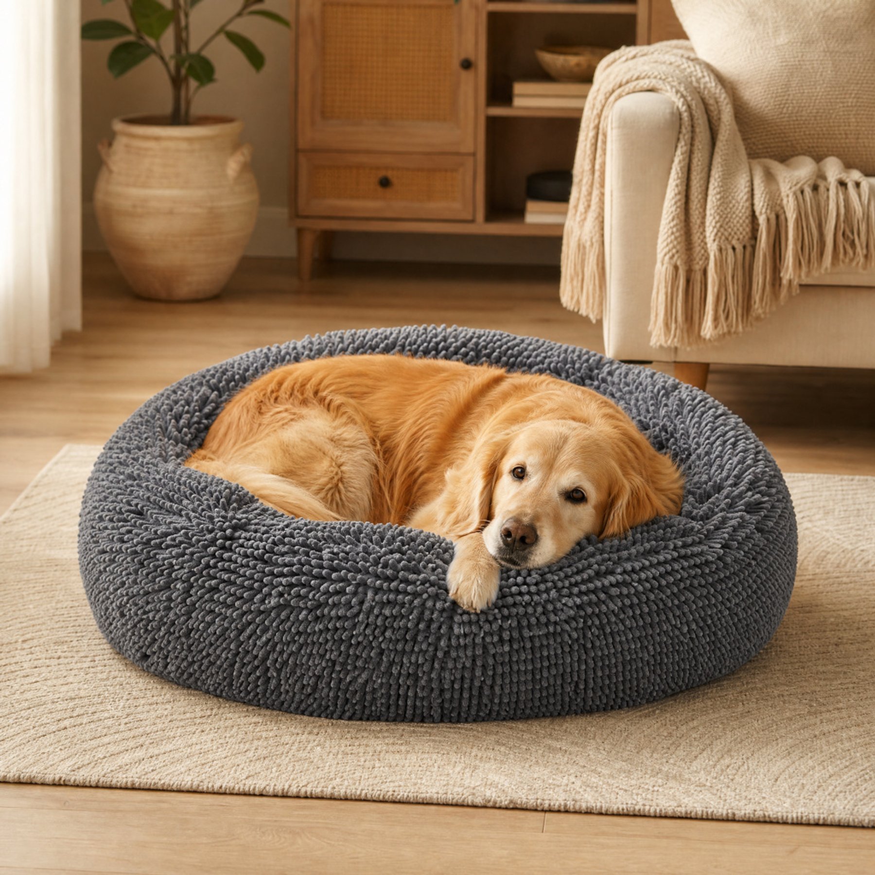 Kylinsure Calming Cuddler Chenille Donut Dog & Cat Bed, Grey, Jumbo