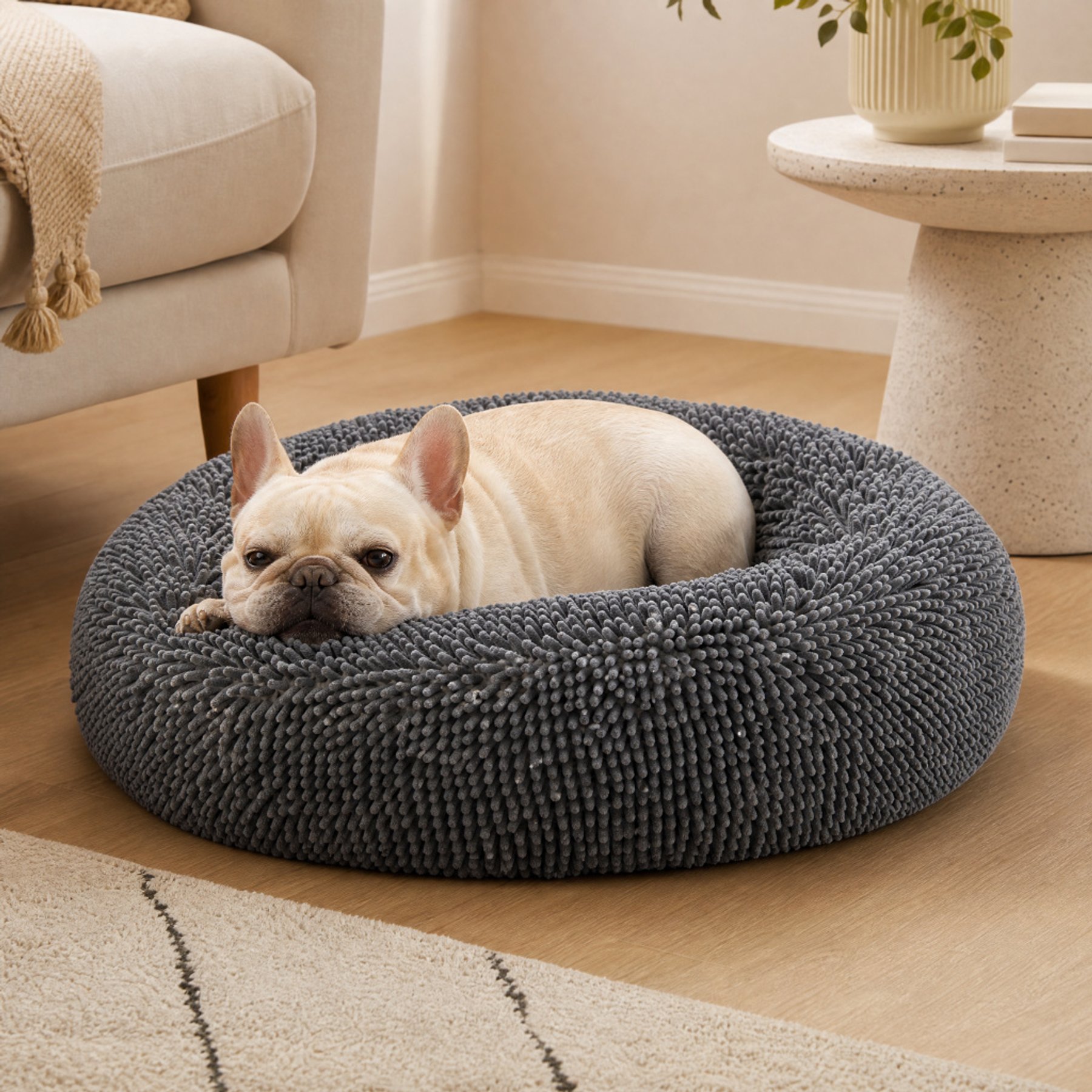 Kylinsure Calming Cuddler Chenille Donut Dog & Cat Bed, Grey, Medium