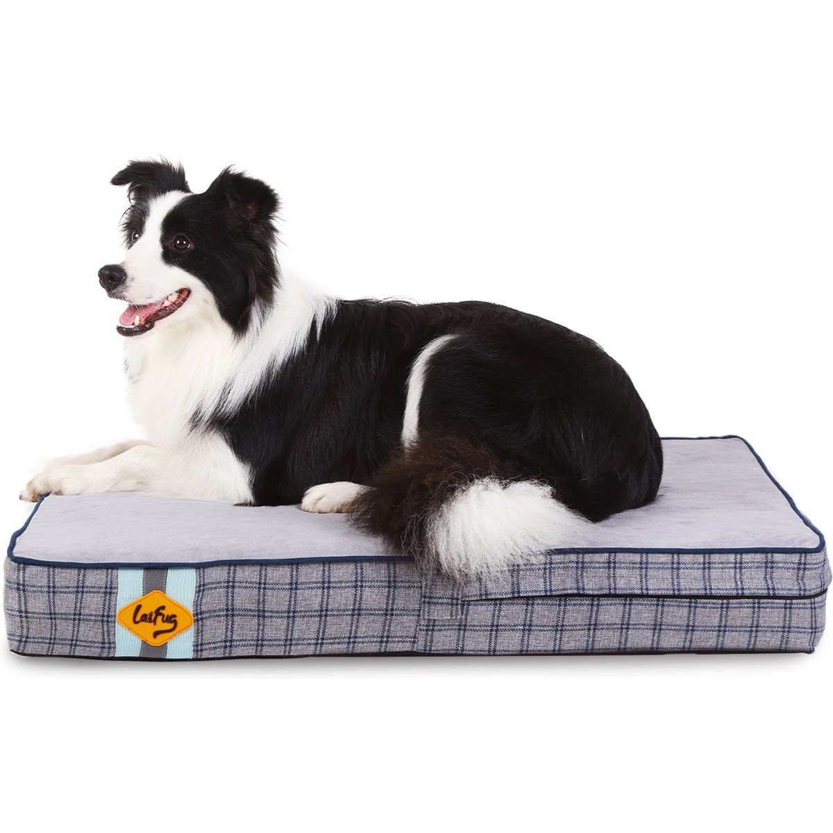 LaiFug Orthopedic Flat Dog Bed with Removable Cover, Grey Blue Plaid, Medium