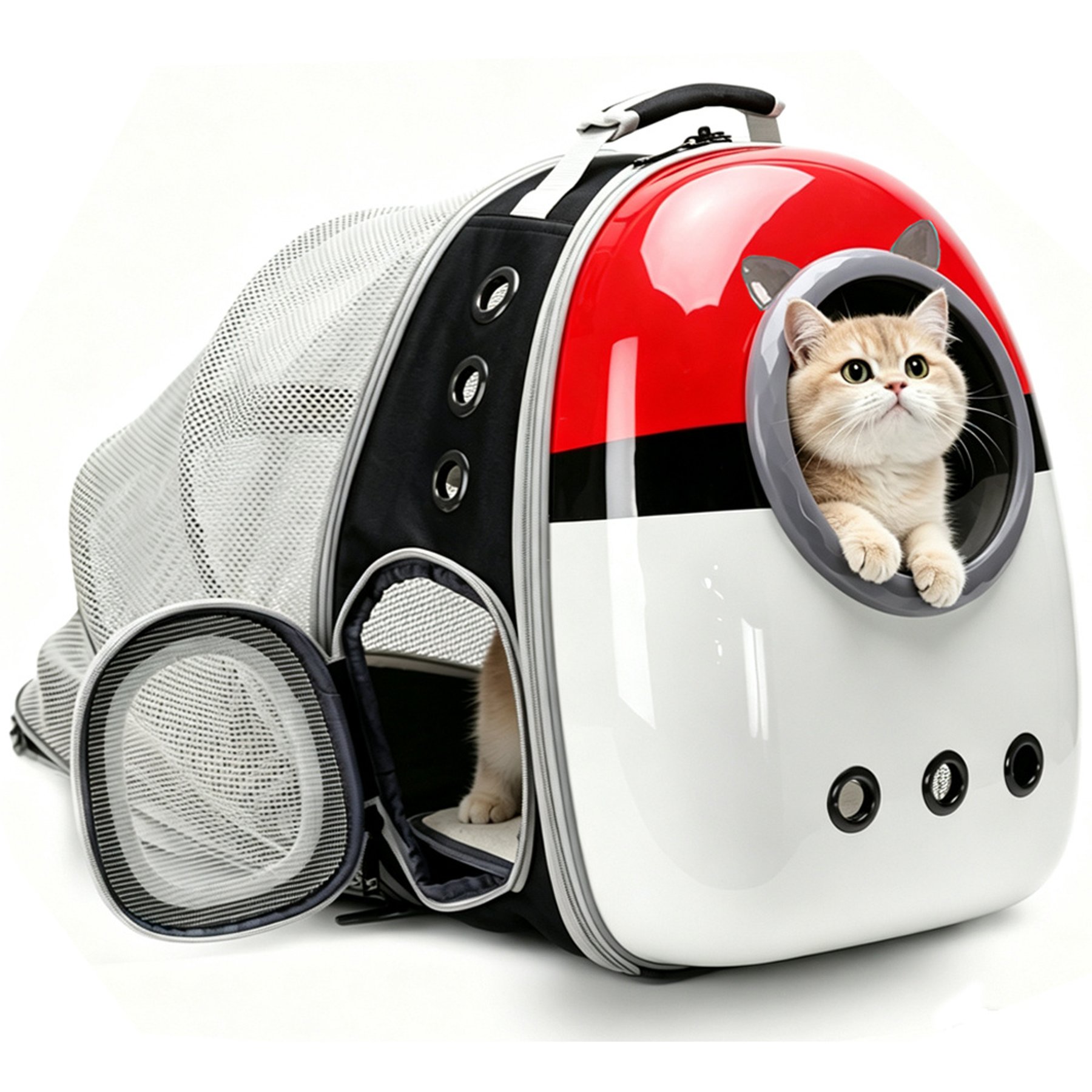 LAIRIES Astronaut Space Capsule Bubble Curved Back & Expandable Red-White Ball Style Collapsible Backpack Puppy & Cat Carrier, Black, Large