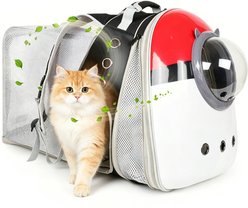 LAIRIES Front & Square Back Expandable Collapsible Red-White Ball Design Astronaut Space Capsule Bubble Dog & Cat Carrier Backpack, Black, Large