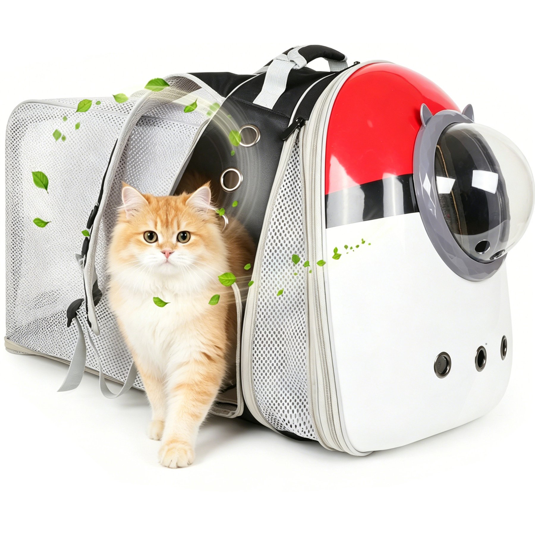 LAIRIES Front & Square Back Expandable Collapsible Red-White Ball Design Astronaut Space Capsule Bubble Dog & Cat Carrier Backpack, Black, Large