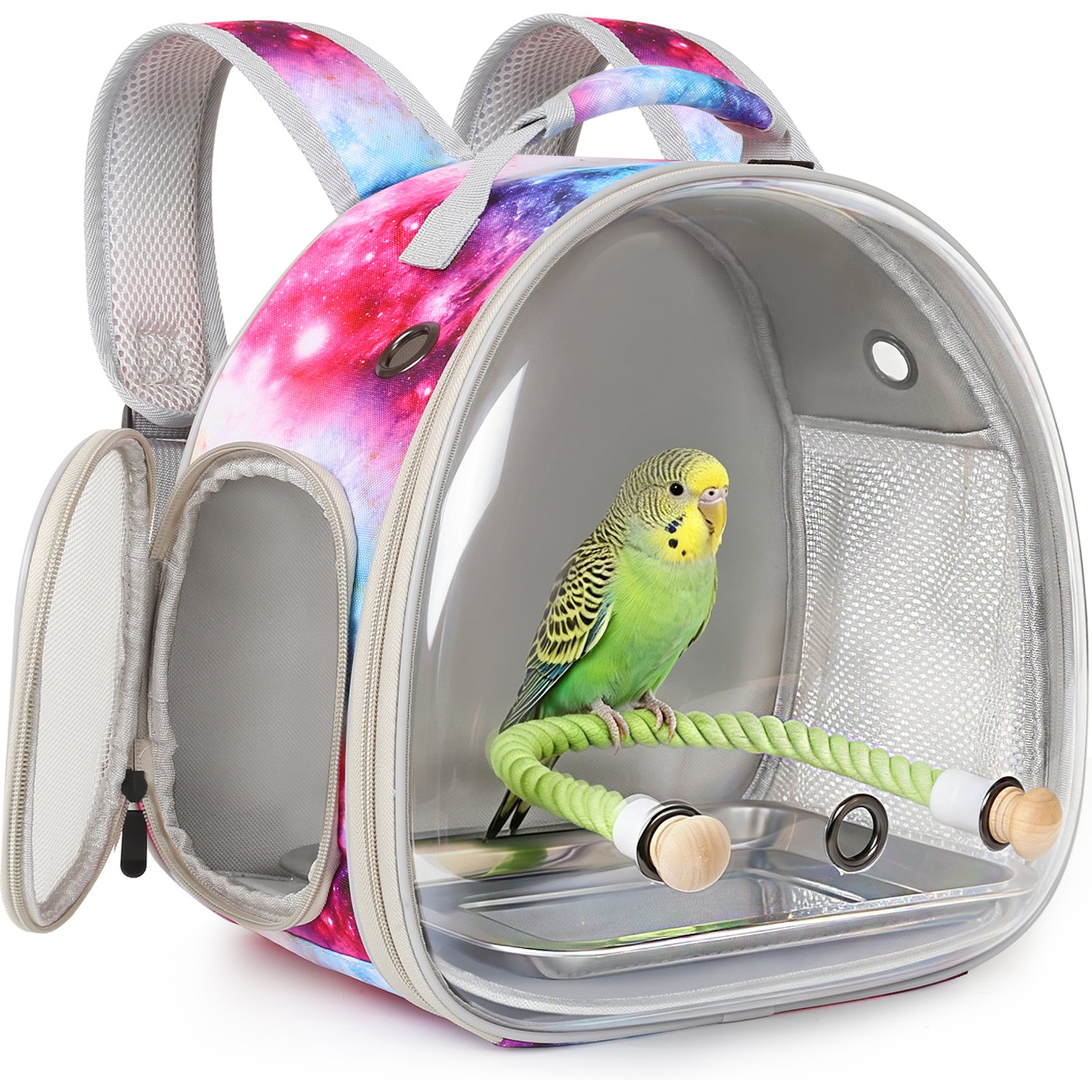 LAIRIES Galaxy Bird Travel Backpack Carrier with Metal Tray & Rope Perch, Large, Pink