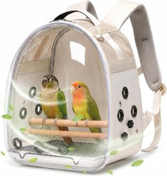 LAIRIES Backpack Travel Adjustable Wooden Perches, Detachable Tray, Feed Bowls & Sun Shade Bird Carrier, Large, Cream