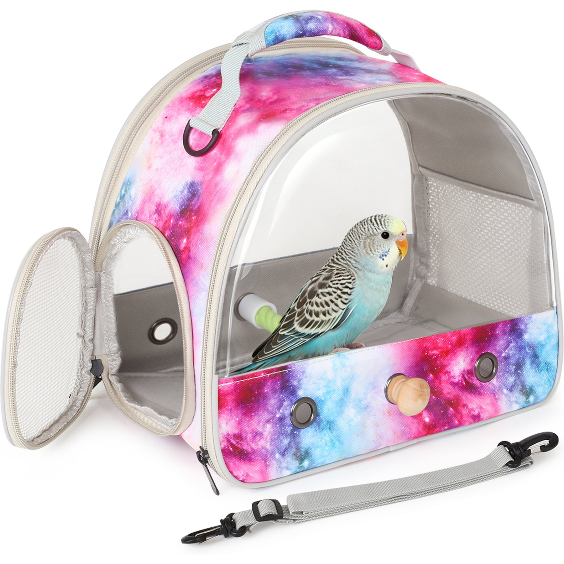 LAIRIES Portable Cage with Stand Perch Parakeet Budgies Cockatiel Conure Outdoor, Front Clear Parrot Carrier, Large, Pink