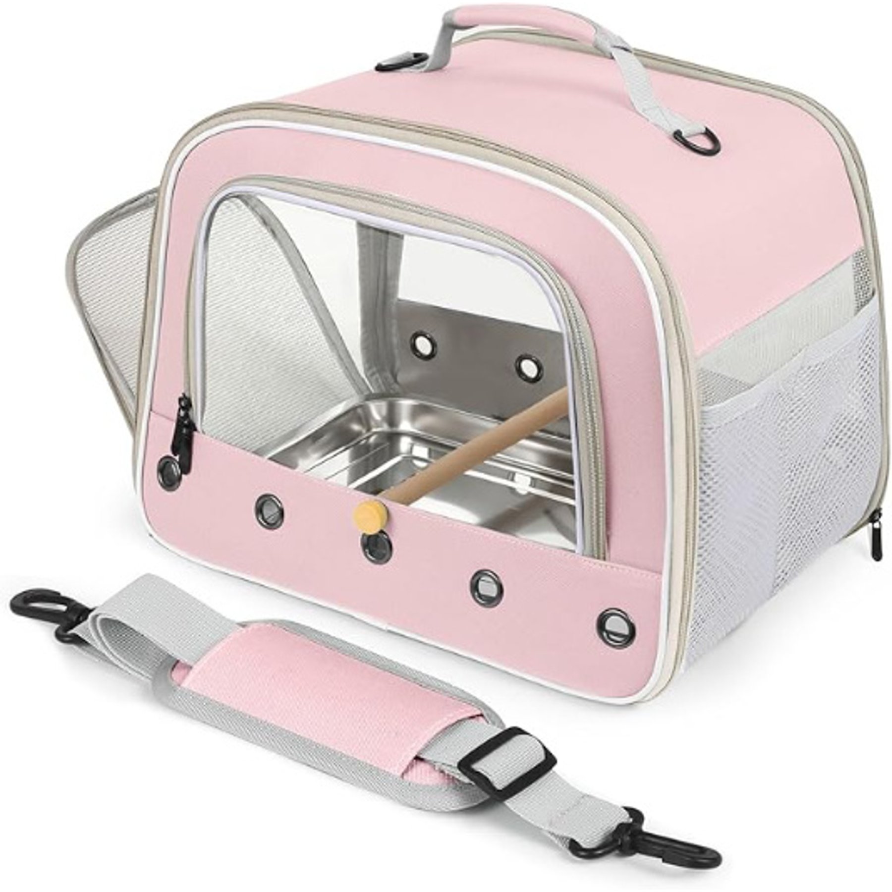 LAIRIES Spacious Bird Carrier with Big Clear Windows, Side Zipper Access, Shoulder Strap & Mesh Storage Pocket, Large, Pink