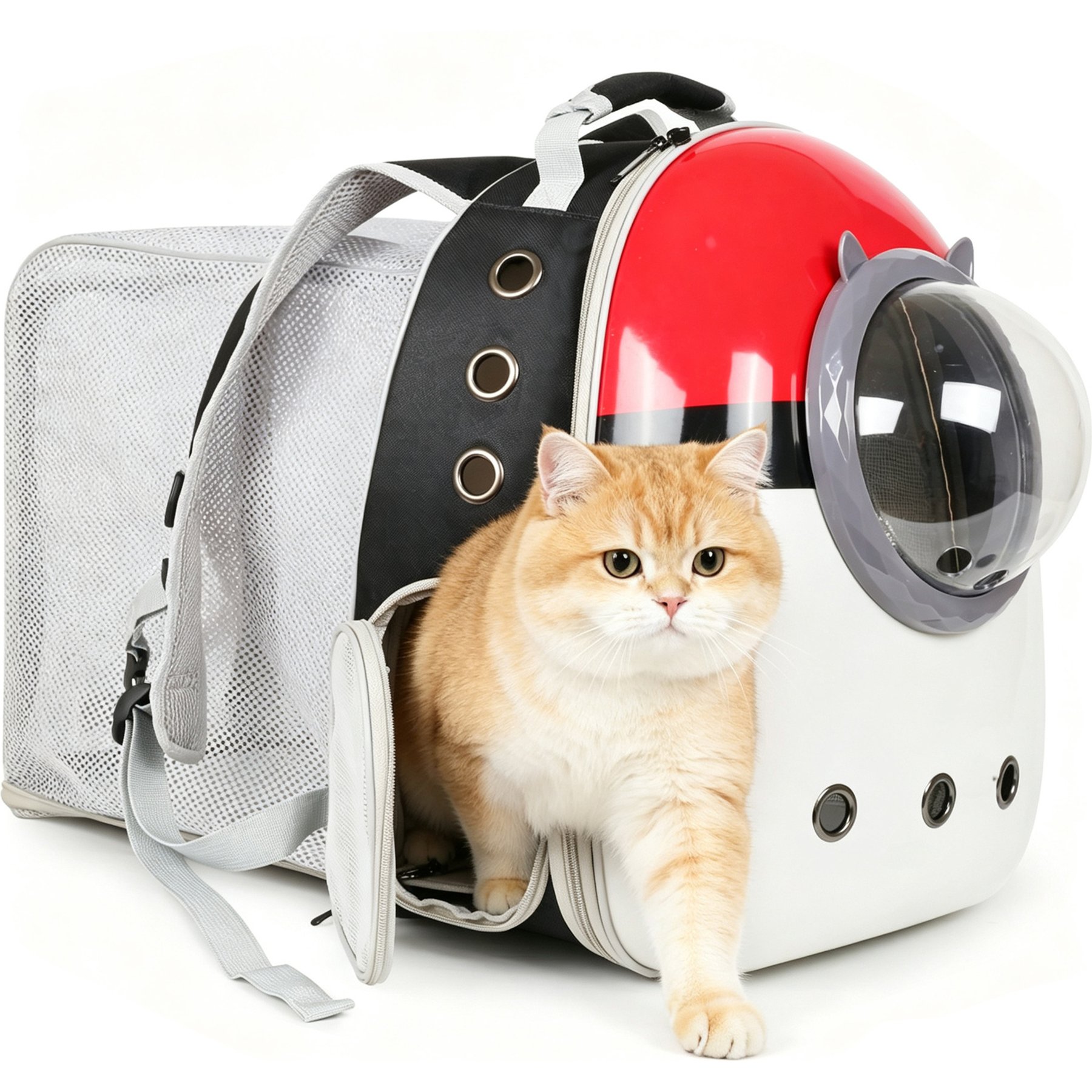 LAIRIES Square Back Expandable Red-White Ball Design Collapsible Astronaut Space Capsule Bubble Dog & Cat Carrier Backpack, Black, Large