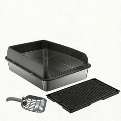 LALFPET Open Top Stainless Steel Cat Litter Box with Sifter Scoop, Black, Large