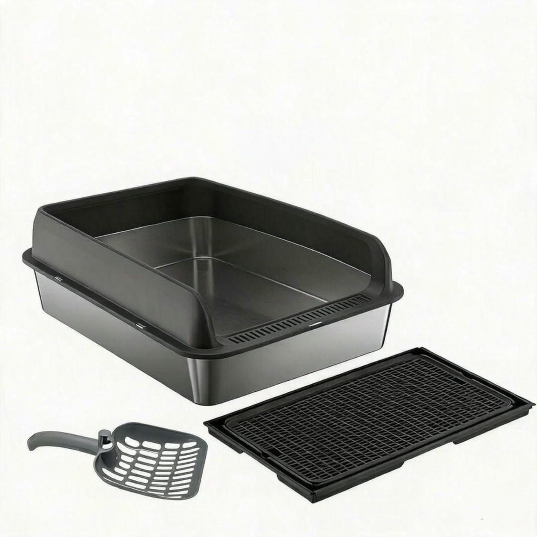 LALFPET Open Top Stainless Steel Cat Litter Box with Sifter Scoop, Black, Large