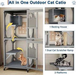 LALFPET Outdoor Catio Wheel Engineered Wood 3-Level Enclosure with Mobility Cat House, Grey, 68-in slide 2 of 7