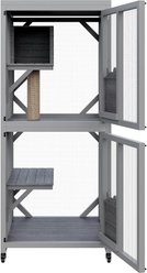 LALFPET Outdoor Catio Wheel Engineered Wood 3-Level Enclosure with Mobility Cat House, Grey, 68-in