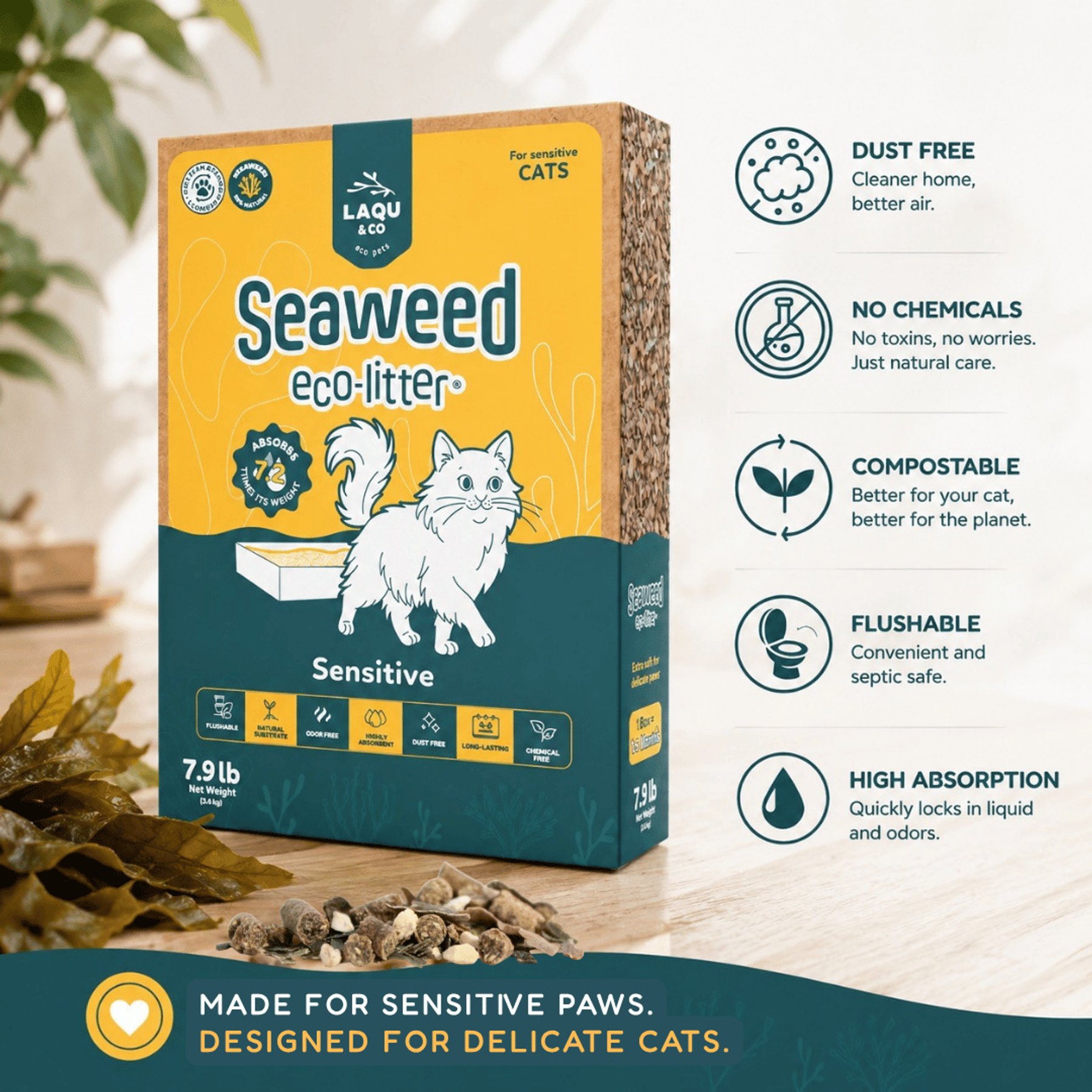 LAQU Eco-Friendly Sensitive Unscented Grass Cat Litter, 7.9-lb box