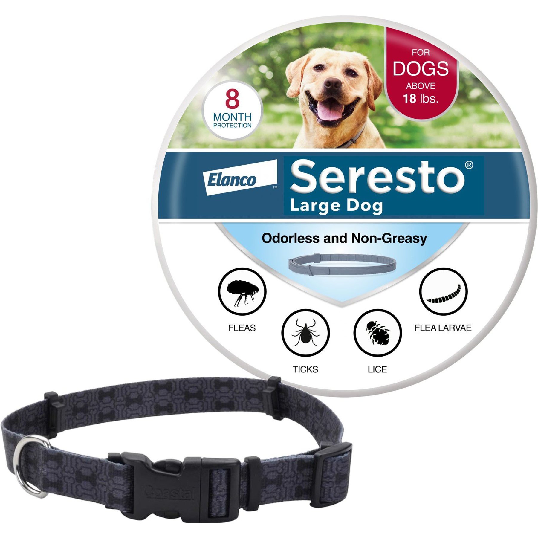 Large Seresto Flea & Tick Collar for Dogs + SecureAway Flea Collar Protector, Black Bones, Large
