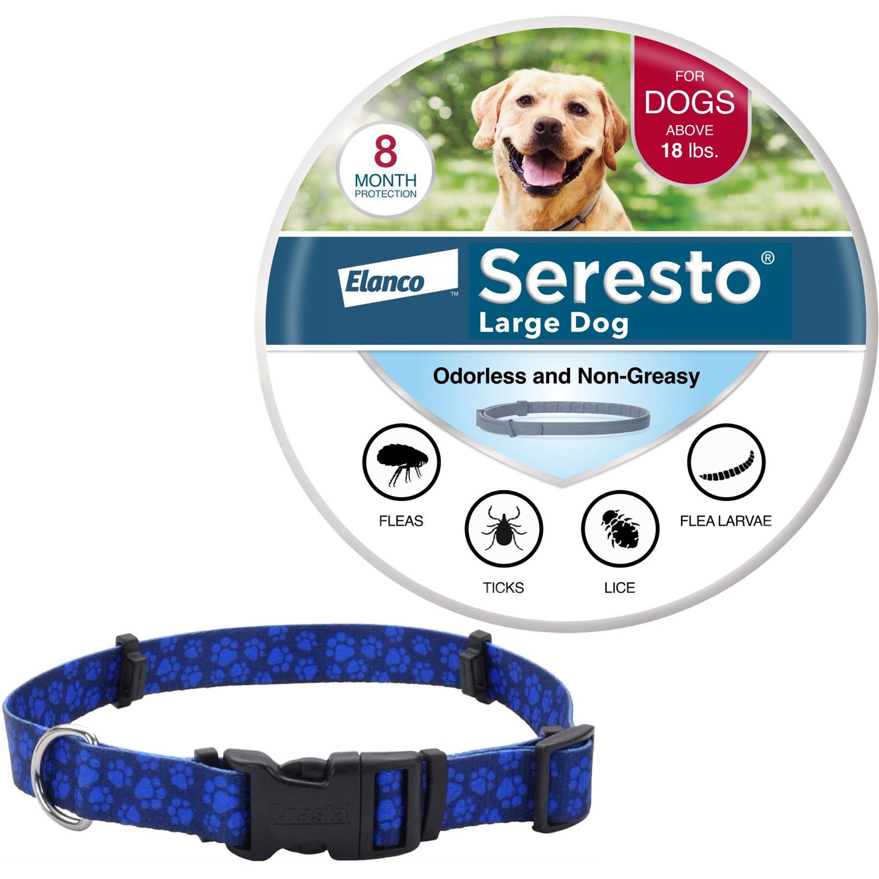 Large Seresto Flea & Tick Collar for Dogs + SecureAway Flea Collar Protector, Blue Paws, Medium