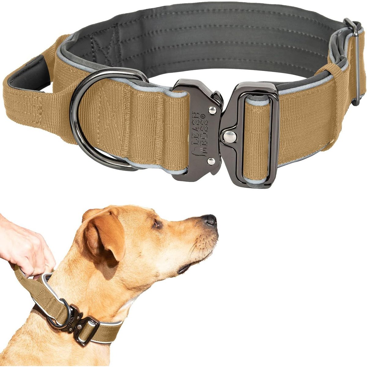 Leash Boss Solid Tactical Dog Collar, Tan, Medium