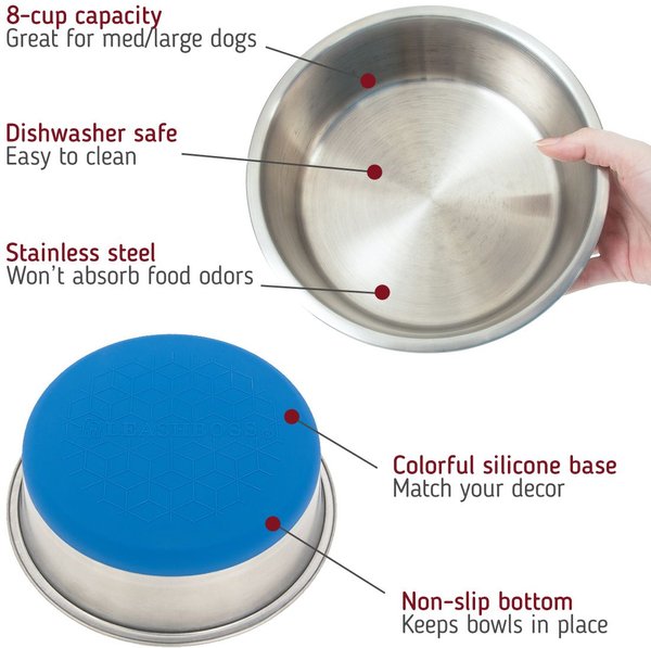 Show full view: Leash Boss Stainless Steel Silicone Base Dog Bowl, Medium/Large, Blue, 2 count slide 2 of 7