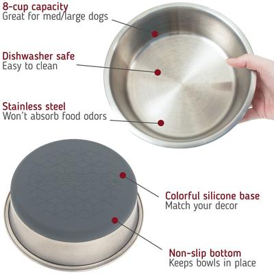 Show full view: Leash Boss Stainless Steel Silicone Base Dog Bowl, Medium/Large, Gray, 2 count slide 2 of 7