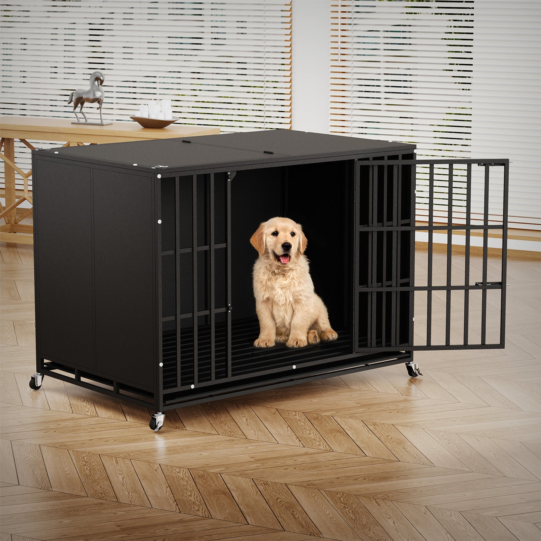 LEMBERI Heavy Duty Indestructible High Anxiety Escape Proof Removable Tray Indoor Hard Sided Dog Crate with Lockable Wheels, Black, Large: 42-in