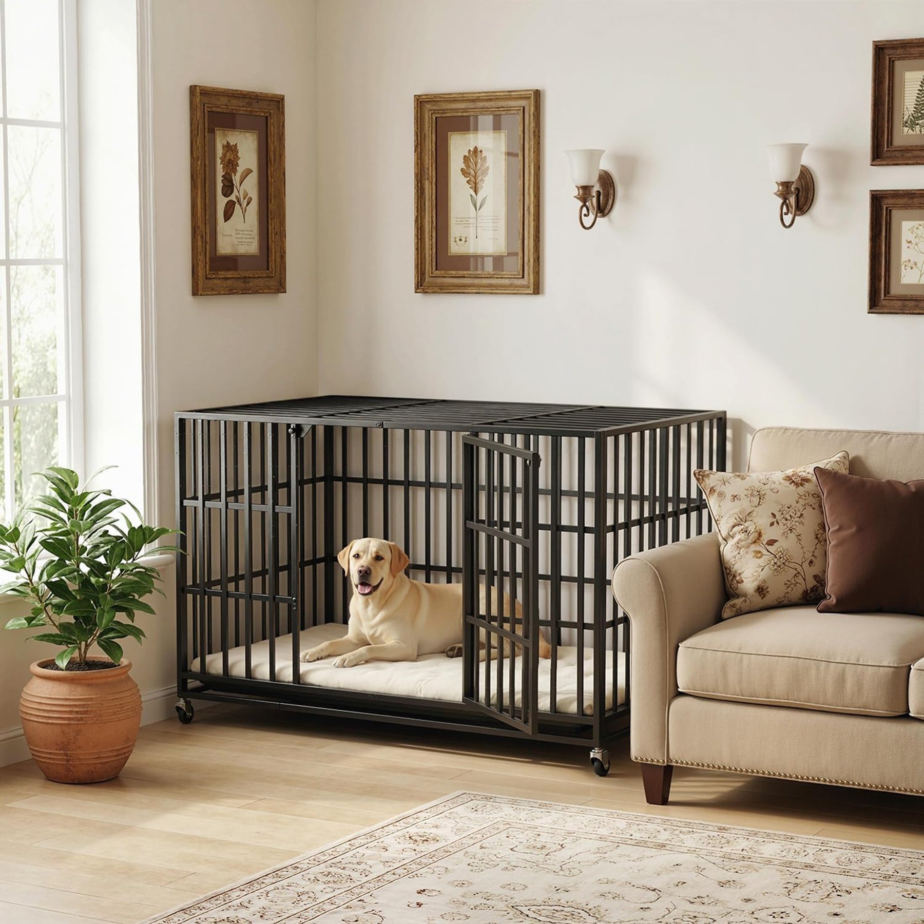 LEMBERI Modern Bone-Shaped Hard-Sided Indoor Dog Crate with Lockable Wheels, Black, 47.2 x 28.4 x 30.1-in