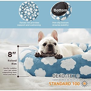 Lesure Calming Cute Modern Plush Jacquard Shaggy Orthopedic Anti-Slip Donut Dog & Cat Bed with Removable Cover, Blue, Medium